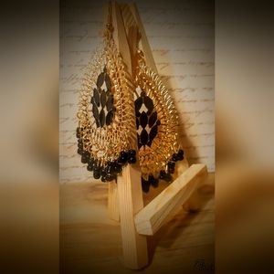 Gold Toned and Black Jeweled Tear dropped Earings